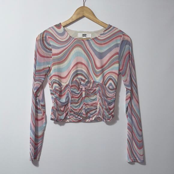 Madden NYC sheer long sleeve marble pattern crop top women’s size large - Picture 1 of 7